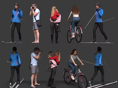 People Engaged in Diverse Activities Such as Photography Child Carrying Biking and Skiing 3d model