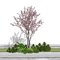 Tall Arbor With Purple Blossoms And Surrounding Green Shrubs Against Gray Wall