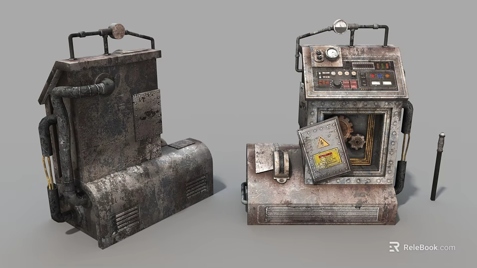 Vintage Rusty Industrial Equipment Featuring Mechanical Pipes Control Panel Gauges And Gear 3d model 