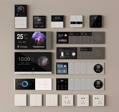 Modern Smart Switch Panels With Digital Displays Showing Temperature Time Weather And Control Features 3d model