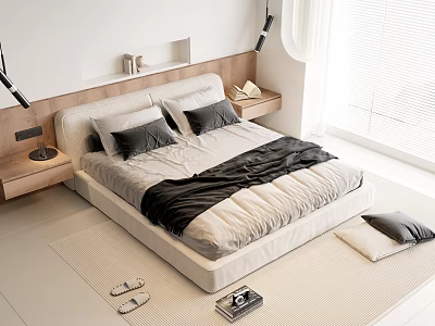Double Bed With Wooden Headboard Gray Black Bedding In Modern Minimalist Bedroom 3d model
