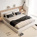 Double Bed With Wooden Headboard Gray Black Bedding In Modern Minimalist Bedroom