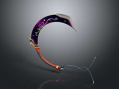 Ornate Purple Curved Sword With Gold Patterns Orange Red Handle And Blue Chain Design 3d model