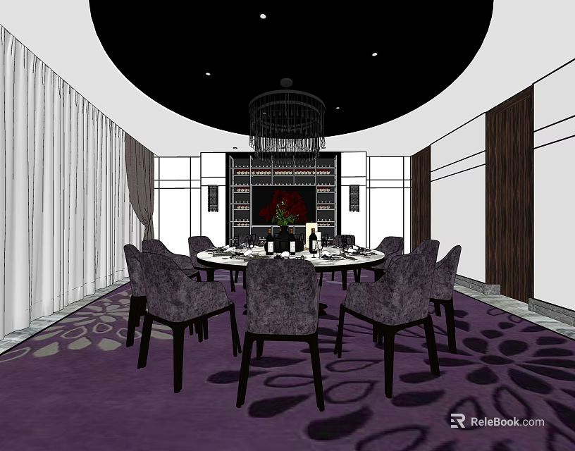Elegant Private Dining Room With Round Table Chandelier And Purple Patterned Carpet 3d model