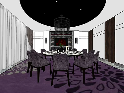 Elegant Private Dining Room With Round Table Chandelier And Purple Patterned Carpet 3d model