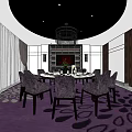 Elegant Private Dining Room With Round Table Chandelier And Purple Patterned Carpet 3d model