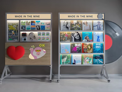 Modern Display Shelves with MADE IN THE MINE Sign Vinyl Records and Decorative Accents 3d model