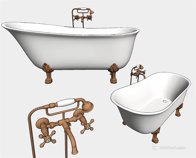 Elegant Vintage White Clawfoot Bathtub With Brass Faucet And Plumbing Fixtures 3d model 