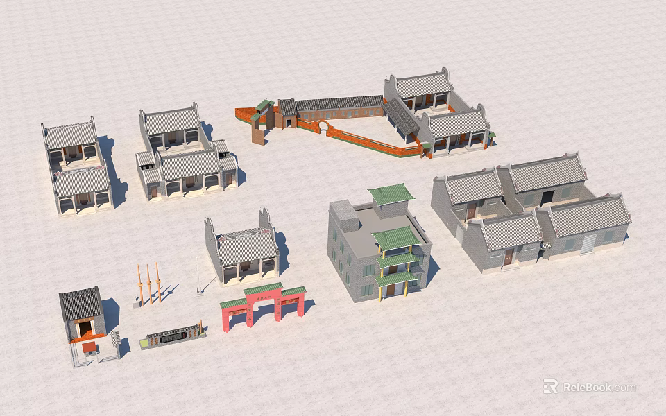 Ancient Architecture Models With Traditional Roofs Overhanging Eaves Gate Archways And Corridors 3d model 