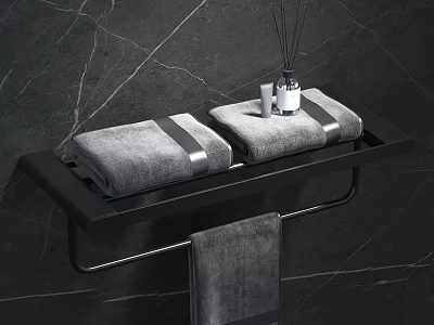 Modern Bathroom Accessories With Black Towel Rack Gray Towels And Fragrance On Marble Wall 3d model