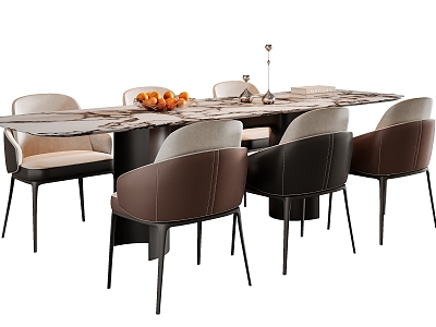 Modern Italian Dining Table and Chair Combination Leather Dining Chair Rock Board Dining Table Dining Table Decoration Fruit Six-person Dining Table and Chair 3d model