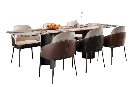 Modern Italian Dining Table and Chair Combination Leather Dining Chair Rock Board Dining Table Dining Table Decoration Fruit Six-person Dining Table and Chair 3d model