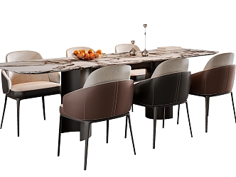 Modern Italian Dining Table and Chair Combination Leather Dining Chair Rock Board Dining Table Dining Table Decoration Fruit Six-person Dining Table and Chair 3d model