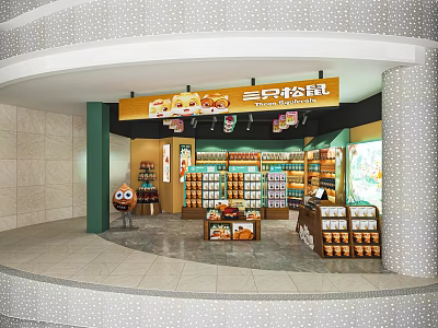 Three Squirrels Snack Shop Storefront With Cartoon Character Signboard And Products On Shelves 3d model