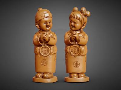 Traditional Wooden Boy And Girl Figurines In Traditional Clothing Holding Round Plaques 3d model
