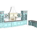 Blue Kitchen Cabinets With Glass Doors And Side Table Design 3d model