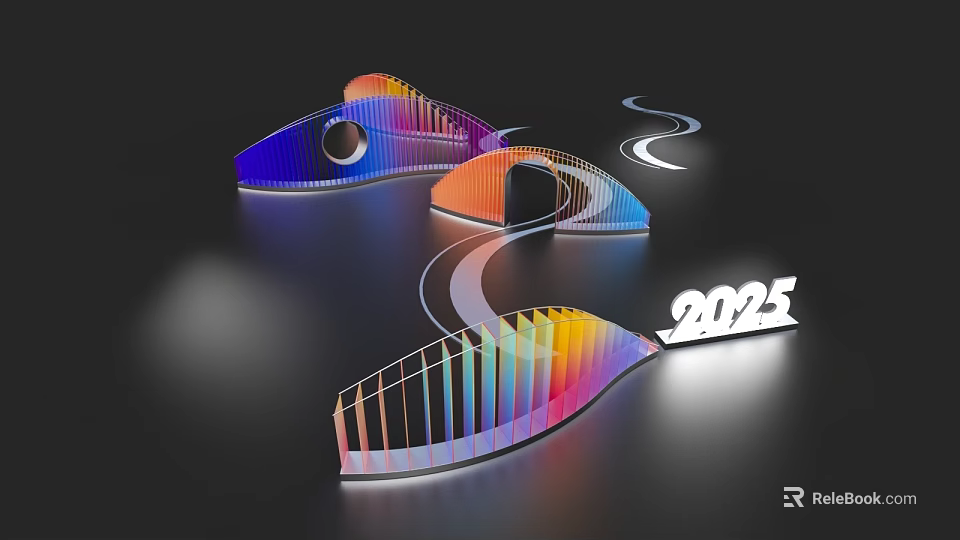 Rainbow Colored Art Installation with Curved Wave Like Structure and 2025 Design Element 3d model 