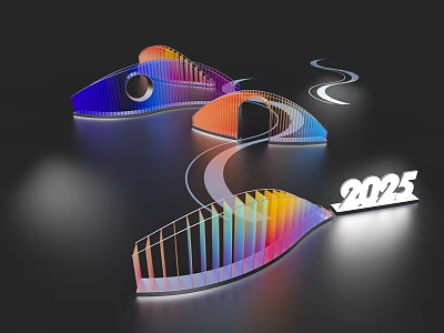 Rainbow Colored Art Installation with Curved Wave Like Structure and 2025 Design Element 3d model