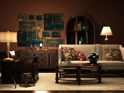 Elegant Sofa and Coffee Table Set With Decorative Wall Art Green Vases and Table Lamp 3d model