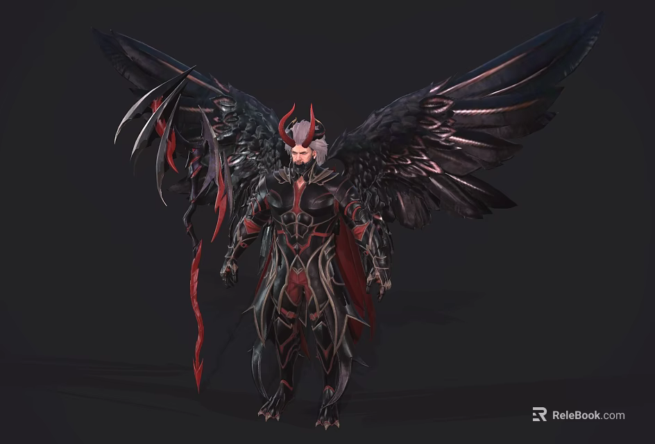 Fantasy Demon Character And Creature With Black Feathered Wings Red Horns And Armored Body 3d model 