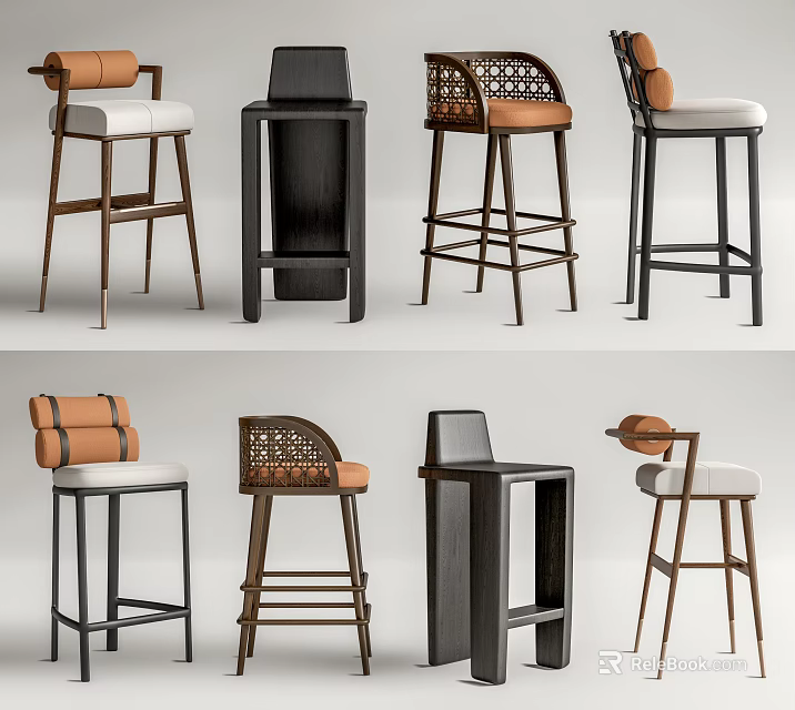 Bar Stools In Various Designs With Wooden And Metal Frames And Padded Seats 3d model 