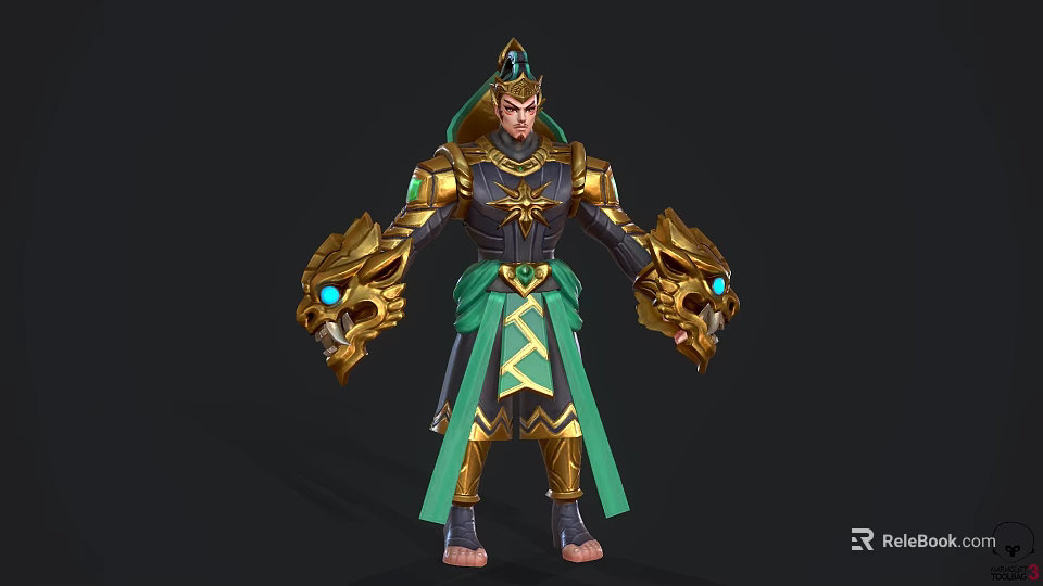 Game Movie Character in Golden Armor With Dragon Head Gauntlets Green Cape Glowing Blue Eyes 3d model 