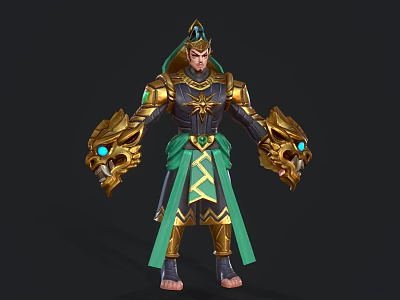 Game Movie Character in Golden Armor With Dragon Head Gauntlets Green Cape Glowing Blue Eyes 3d model
