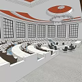 Spacious Modern Conference Room With Large Windows Circular Chandelier And White Seats