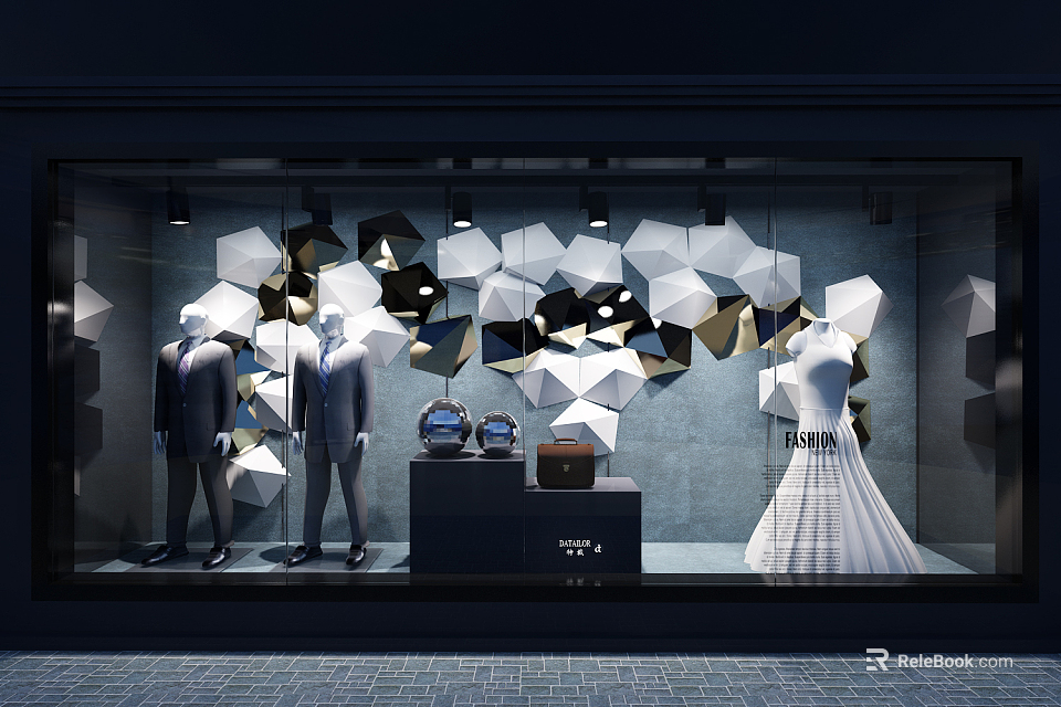 Stylish Store Window Display With Geometric Black White Gold Shapes Mannequins In Suits White Dress 3d model 