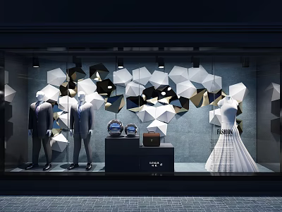 Stylish Store Window Display With Geometric Black White Gold Shapes Mannequins In Suits White Dress 3d model