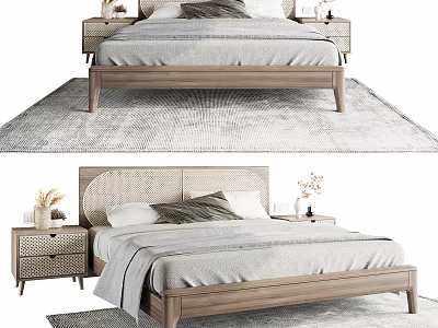 Modern Double Bed With Wooden Frame Upholstered Headboard Nightstands Decorative Vases And Area Rug 3d model