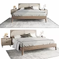 Modern Double Bed With Wooden Frame Upholstered Headboard Nightstands Decorative Vases And Area Rug