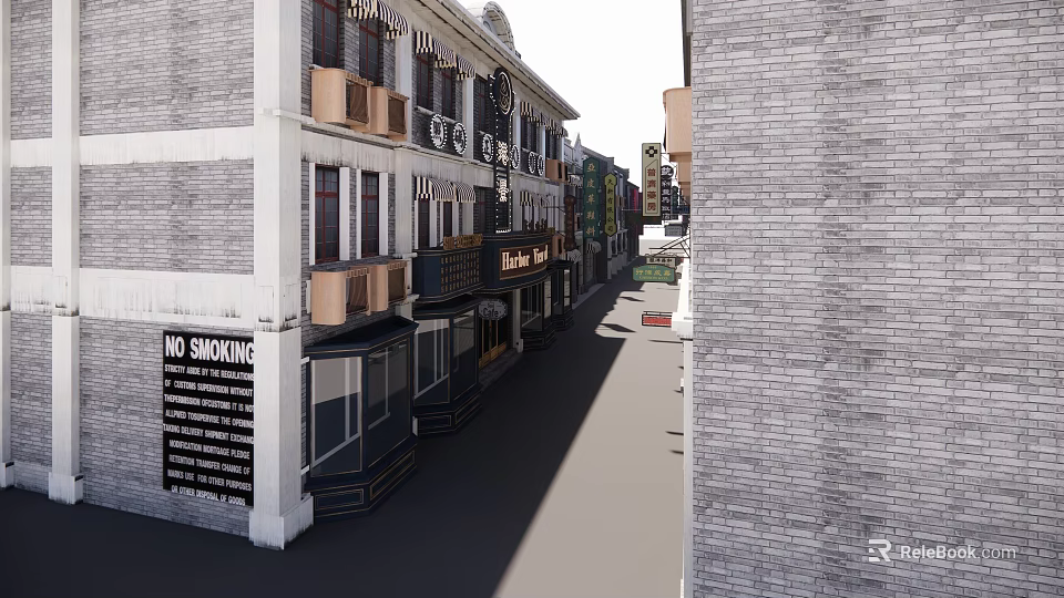 Traditional Commercial Street With Gray Brick Buildings Shop Signs And Storefronts 3d model 
