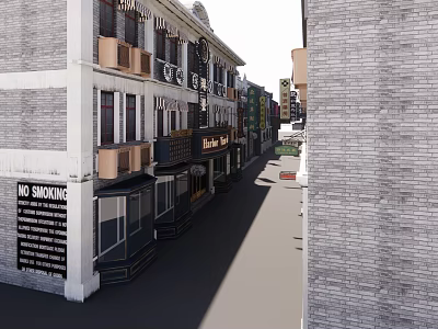 Traditional Commercial Street With Gray Brick Buildings Shop Signs And Storefronts 3d model