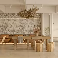Dessert Shop Interior Featuring Wooden Tables Stools Wall Shelves And Dried Grass Decor