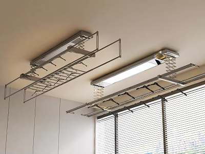 Modern Electric Clothes Hangers Mounted On Ceiling In Room With Windows 3d model