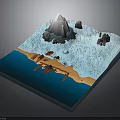 Ocean Beach Scene With Wooden Pier Small Boat Iceberg Rocks And Aquatic Plants