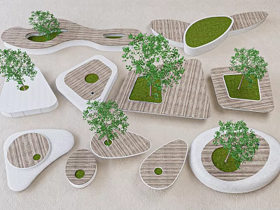 Creative Tree Pits Design With Various Shapes Wooden Stone Materials Small Trees And Green Grass 3d model