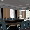 Modern Conference Room With Long Table Ergonomic Chairs Projection Screen And Wooden Walls