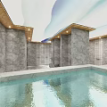 Luxurious SPA Sauna Interior With Gray Marble Walls Wooden Ceiling And Green Decorative Sculptures