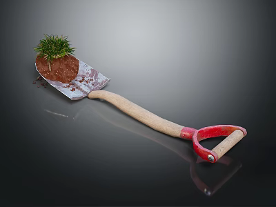 Garden Shovel With Wooden Handle And Red Grip For Planting Small Plants In Soil 3d model