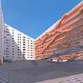 Modern Office Building Featuring Interlaced Orange Structures White Walls And Archway Entrance