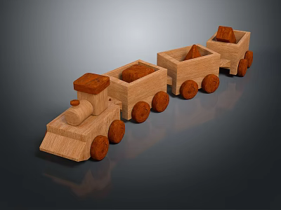 Classic Wooden Toy Train With Multiple Carriages And Round Wooden Wheels 3d model