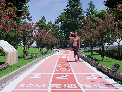 Park Landscape With Red Running Track Number Markers Pink Trees Green Grass And Clear Sky 3d model