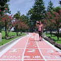 Park Landscape With Red Running Track Number Markers Pink Trees Green Grass And Clear Sky