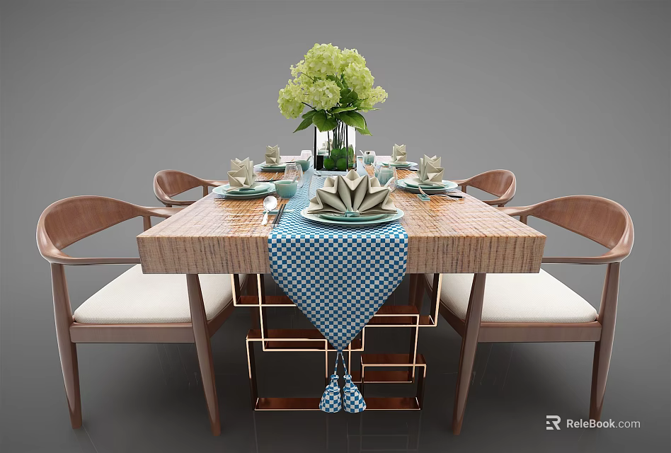 Wooden Dining Table Set With Chairs Green Flower Bouquet Blue Checkered Table Runner And Tableware 3d model 