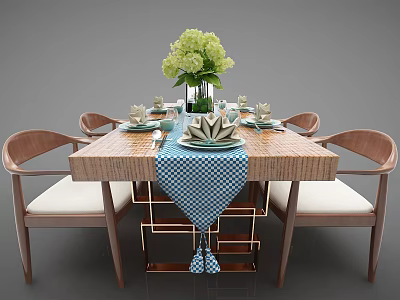 Wooden Dining Table Set With Chairs Green Flower Bouquet Blue Checkered Table Runner And Tableware 3d model