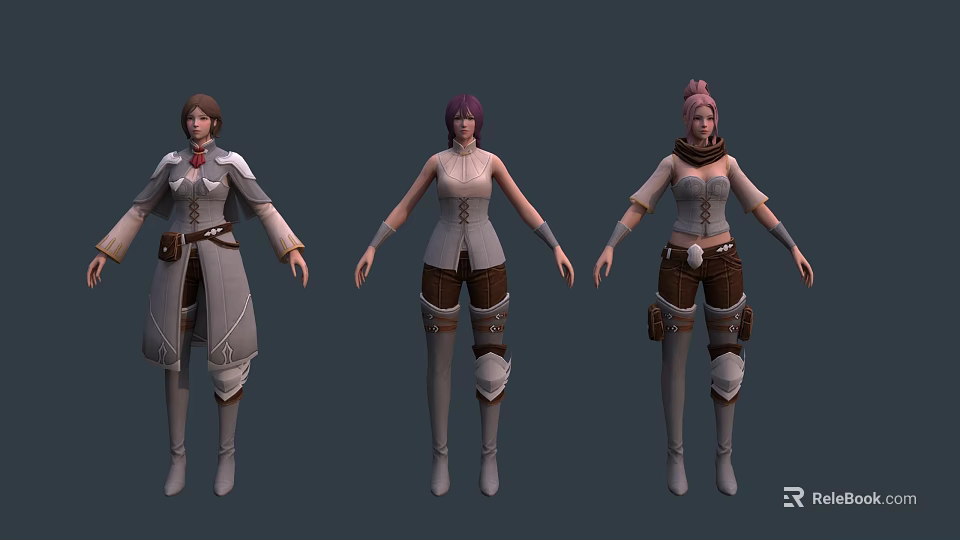 Three Fantasy Game Characters With Different Hair Colors And Armored Outfits 3d model 