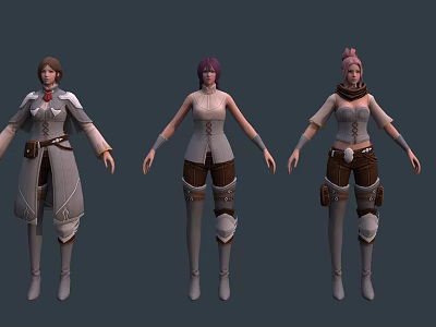Three Fantasy Game Characters With Different Hair Colors And Armored Outfits 3d model