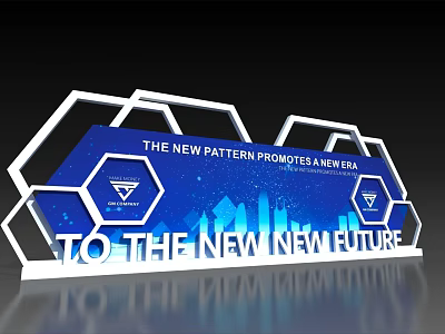 Modern Blue Background Wall With Hexagonal Frame Text City Silhouette And Logo 3d model